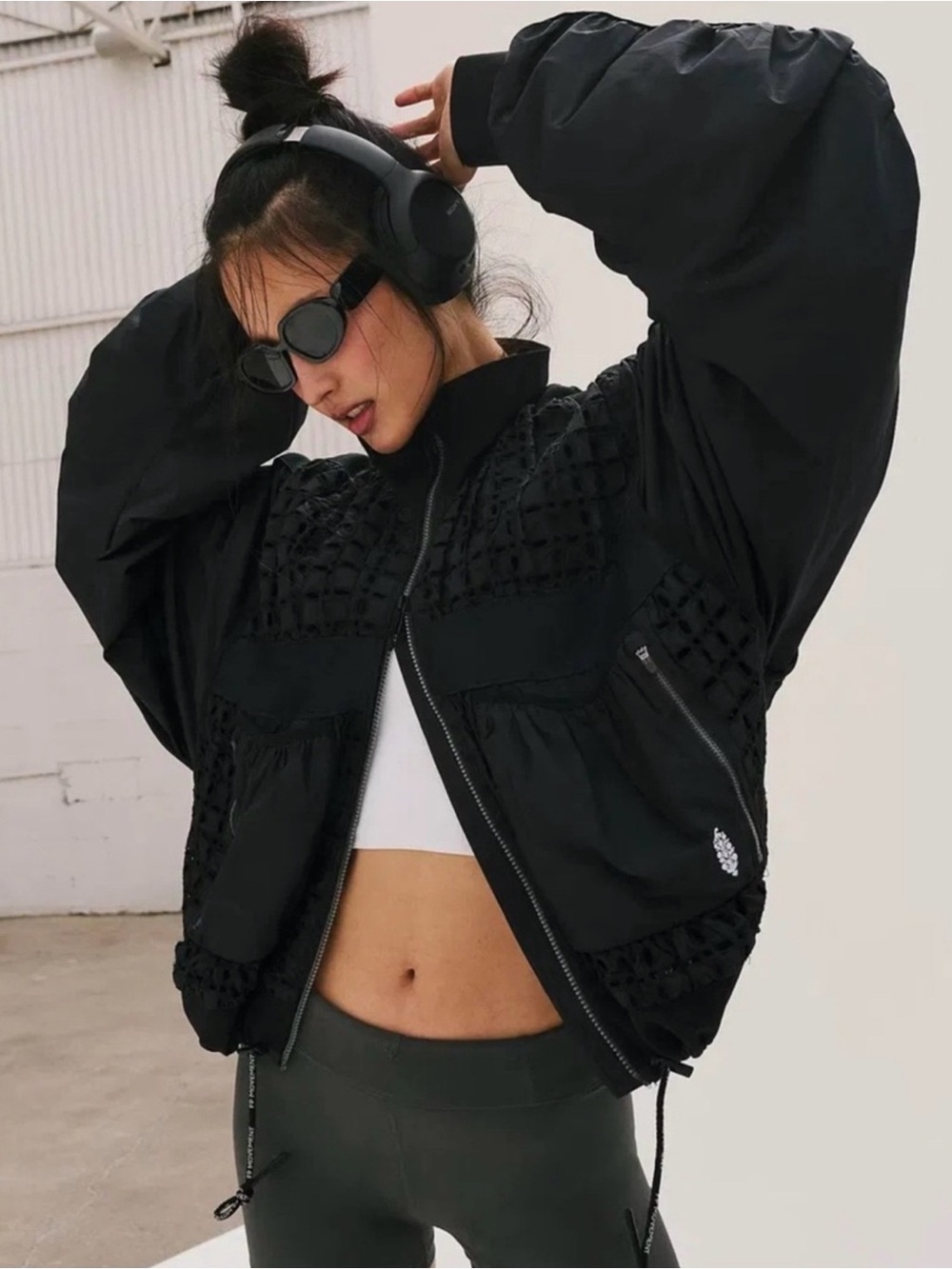 Free People Lace to Lace Black Bomber Jacket with Textured Paneling